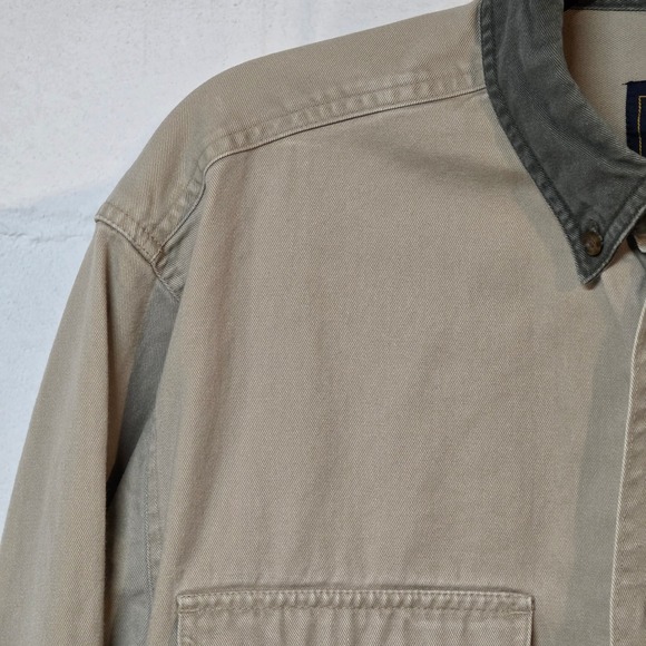 Vintage WOOLRICH Tan Long Sleeve Button Shirt Olive Collar Pockets XL Utility - Picture 2 of 13